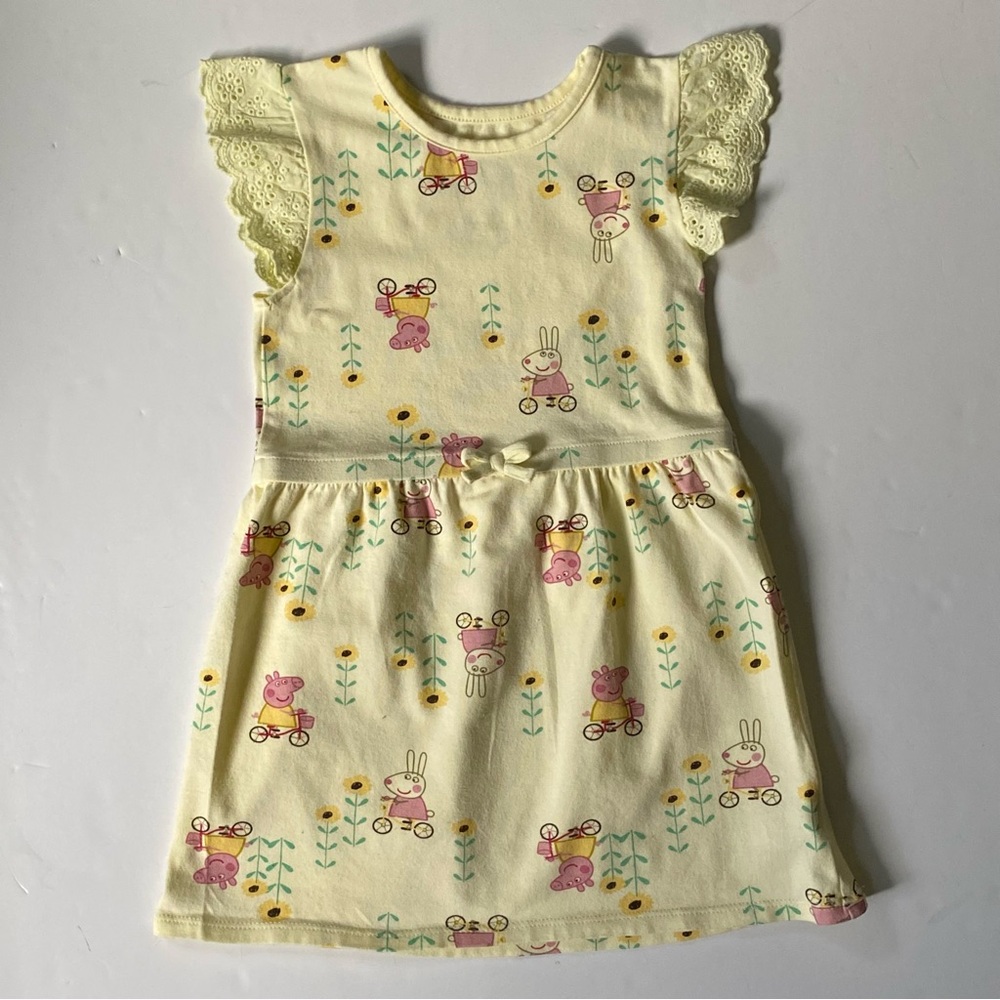 Peppa Pig Dress Size 4T Toddler Girls Yellow Cotton Pink Bicycle Eyelet Sleeves